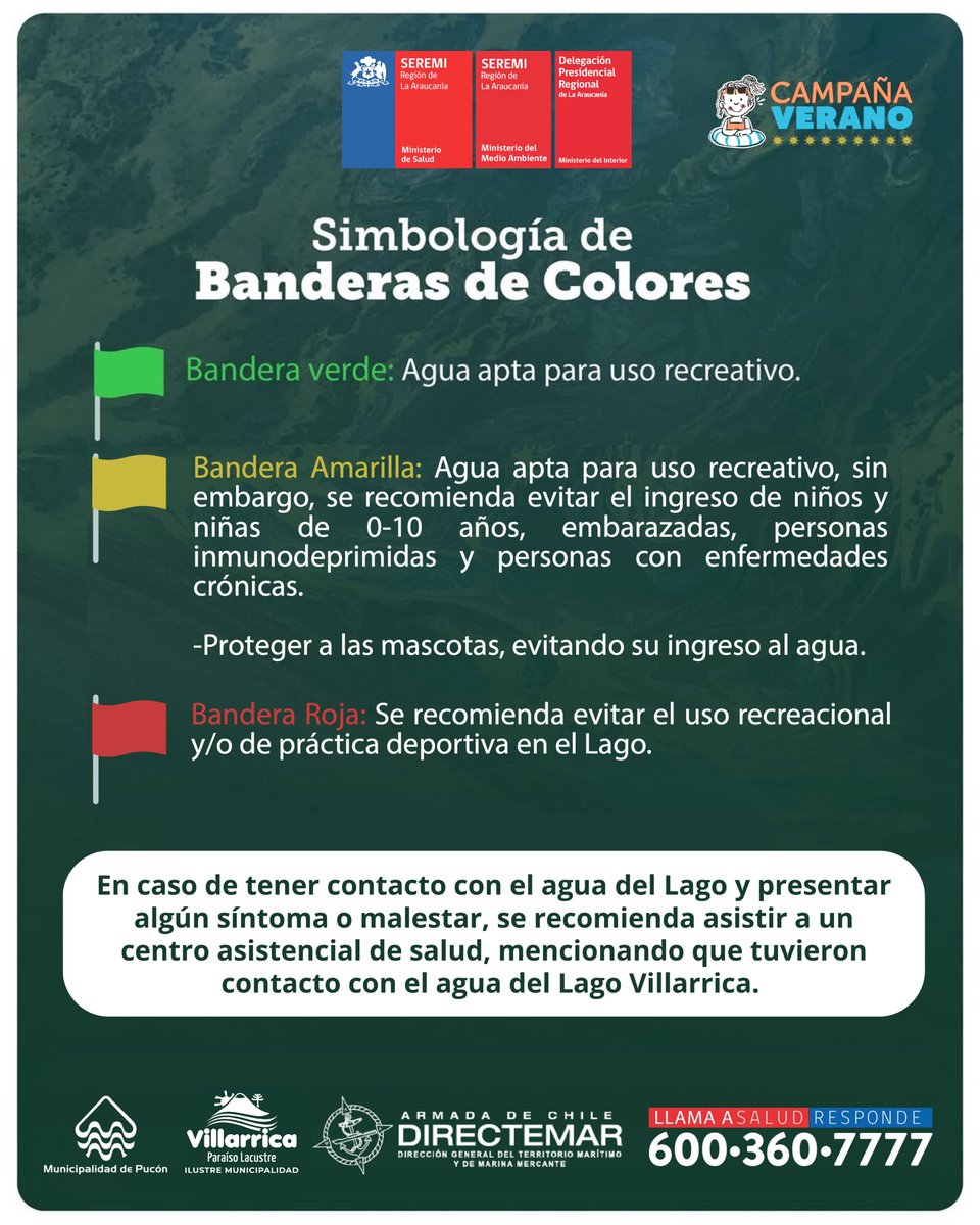 ✅ Hoy, jueves 26 de febrero:

Playa Grande, Pucón: 🔴 Bandera roja (se recomienda evitar el uso recreacional y/o de práctica deportiva en El Lago).