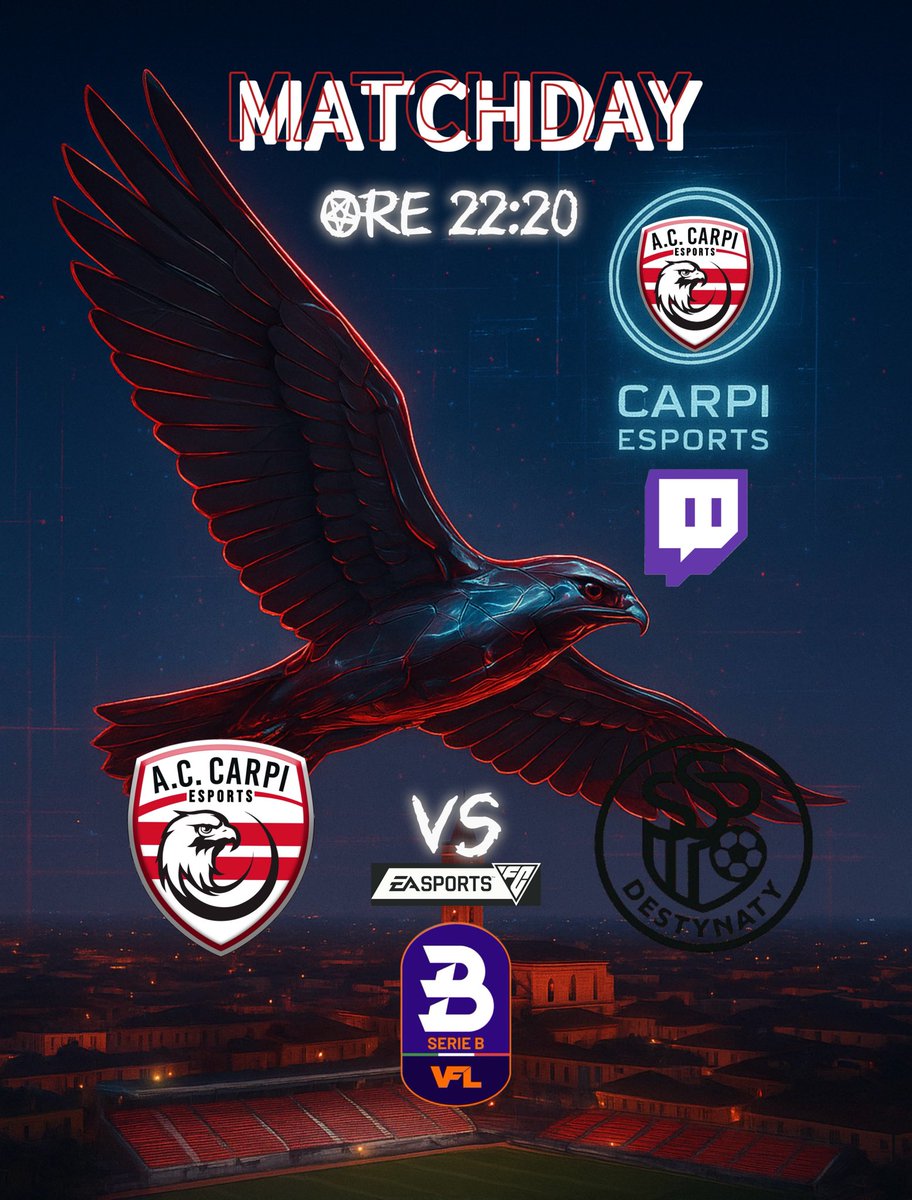 Carpi_Esports's tweet photo. MATCH DAY ๐ดโช
๐
Stasera in campo Carpi Esports!
โ๏ธ VFL โ Ore 22:20
๐ SSP Destynaty vs Carpi Esports
Si lotta, si soffre, si gioca da squadra.
Forza Carpi, tutti con noi! โค๏ธ๐ค
#CarpiEsports #MatchDay #VFL #ForzaCarpi https://t.co/OBsuogo6mi