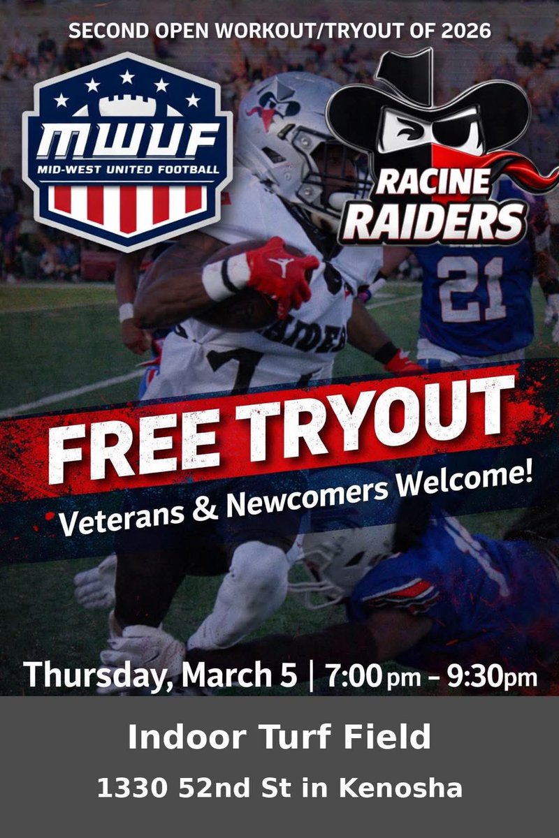 RacineRaiders's tweet photo. 🚨 ONE WEEK AWAY! 🚨 

2026 Offseason Workout/Tryout #2 will be indoors on TURF March 5th, 6:30p - 9:30p at Boys &amp; Girls Club of Kenosha. 

Address: 1330 52nd street, Kenosha, WI 53140 

Your #football career isn't done...yet!
https://t.co/s2Y9xtS33w

🏴‍☠️ 🏈 💪🏼 https://t.co/96XHsn1DMG