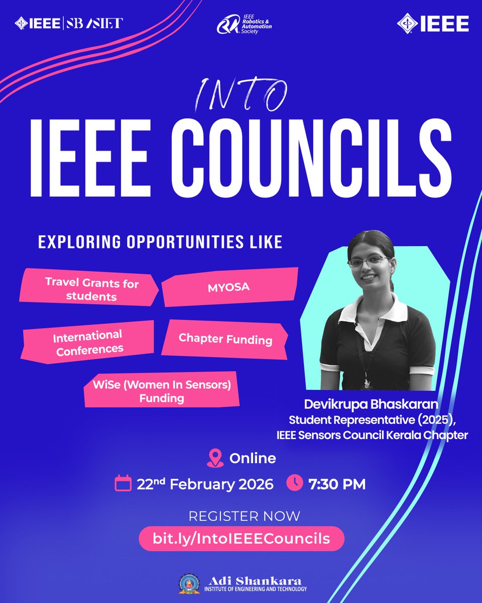 ieeesbasiet's tweet photo. "Plunge boldy into the thick of life and seize it where you will, it is always interesting"
~ Johann von Goethe

IEEE RAS SBC ASIET proudly presents Into IEEE Councils, a dynamic session exploring the diverse opportunities available for students through various IEEE Councils. https://t.co/RzN4jjczXK