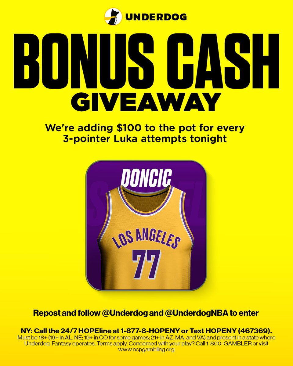 💰 BONUS CASH GIVEAWAY 💰

Let's see if Luka passes up on more open looks...

We're adding $100 to the pot for every 3-pointer attempted by Luka Doncic tonight.

10 people will split the final prize pool.

To enter:
1️⃣ Repost this
2️⃣ Follow <a href="/Underdog/">Underdog</a>
3️⃣ Follow <a href="/UnderdogNBA/">Underdog NBA</a>