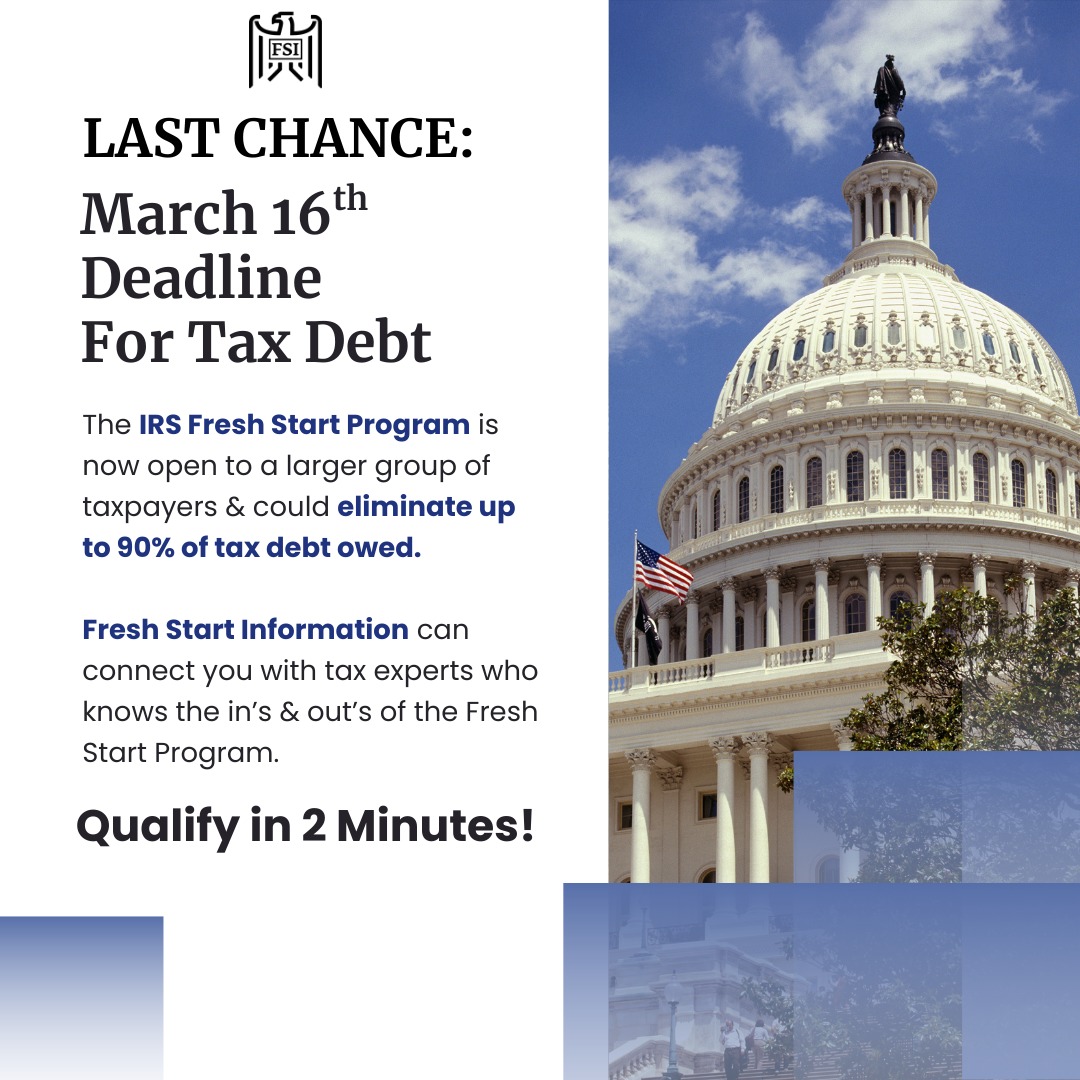FreshStartInfo's tweet photo. HEADS UP: With tax season approaching, IRS tax relief applications are increasing. Those who apply may be eligible to reduce up to 90% of tax debt owed. Don't miss this opportunity! Check your eligibility in minutes.