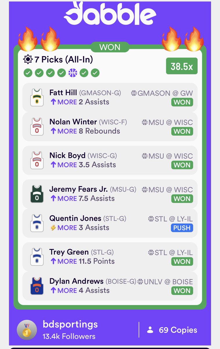 BDSportings's tweet photo. $250 To $10K CHALLENGE🚨🚨🚨

🪜DAY 1 LADDER🪜

$250 👉 $513 (+105)

1. LIKE &amp; RT

2. COMMENT🪜

3. CHECK DM

4 Multi-Unit Bets ✅

CBB MAX (9-1) 📈

NHL MAX (12-1) 📈

https://t.co/RsSwawfwkA
SUBSCRIBE 🎯

https://t.co/5vGiTMjb4m

🚨FREE MAXBETS🚨

DABBLE CODE: Bdsportings

#NBA https://t.co/3GiKdkQwqK