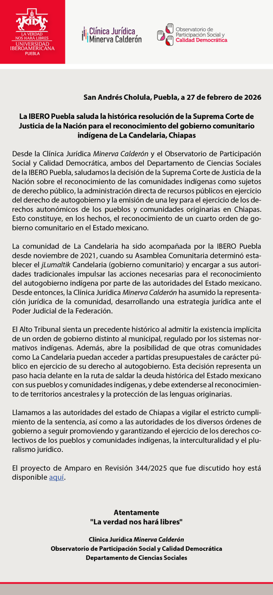 La IBERO Puebla saluda la histórica resolución de la Suprema Corte de Justicia de la Nación para el reconocimiento del gobierno comunitario indígena de La Candelaria, Chiapas.