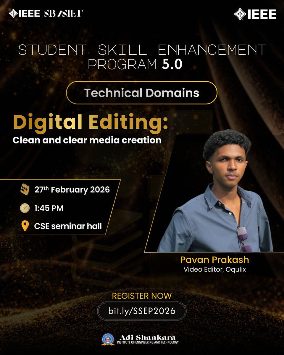 ieeesbasiet's tweet photo. IEEE SB ASIET proudly presents Digital Editing: Clean and Clear Media Creation, a hands-on session to help you master clean, professional and impactful media editing. Learn to transform raw content into visually compelling digital media using practical techniques https://t.co/TvQe0uuS5L