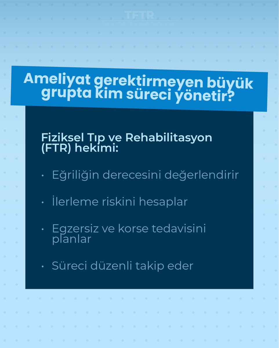 Skolyoz, çocuk ve ergenlerin %1,2–2,3’ünü etkiler.

Vakaların %95’inde ameliyatsız tedavi yeterlidir.

Bu büyük grupta süreci yöneten hekim, Fiziksel Tıp ve Rehabilitasyon uzmanıdır.

Erken tanı için kritik yaş aralığı: 10–15.
#Skolyoz #FTRHekimi #OmurgaSağlığı