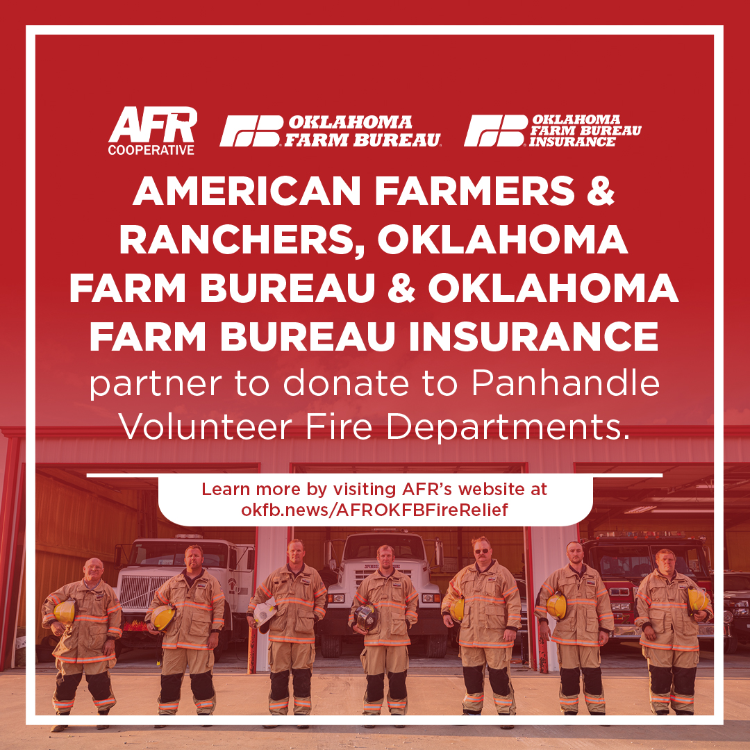 okfarmbureau's tweet photo. Wildfires have burned more than 300,000 acres in the Oklahoma Panhandle in recent days. As high fire danger continues, AFR, OKFB and OKFB Insurance have partnered to support local fire departments protecting lives and property. https://t.co/lupPvVrVdW https://t.co/JeLMIgo3xS