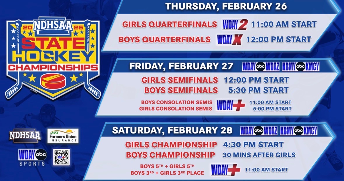 GFC_Activities's tweet photo. The NDHSAA State Boys &amp; Girls Hockey Tournament starts today in Fargo! WDAY will have the TV Coverage for the tournament!
@Knightriderhcky @GFChockey 
#OnwardCentral https://t.co/HU4I38j9A2