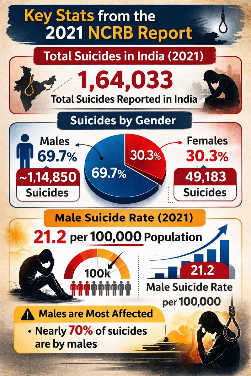 SigmaINMatrix's tweet image. Key Stats from the 2021 NCRB Report:
Total Suicides in India (2021):

Males accounted for 69.7% of all suicides, which translates to approximately 1,14,850 male suicides.

#SaveMen