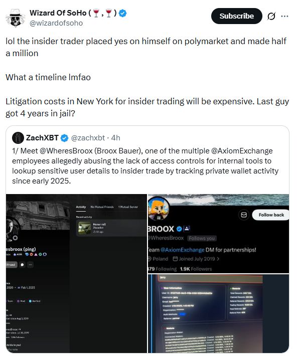 Never a dull day in crypto.
>@ZachXBT published an investigation today into alleged insider trading at Axiom Exchange, involving an employee, internal dashboard access, and private user wallet data.
>The twist: a Polymarket prediction market about the expose reportedly netted the