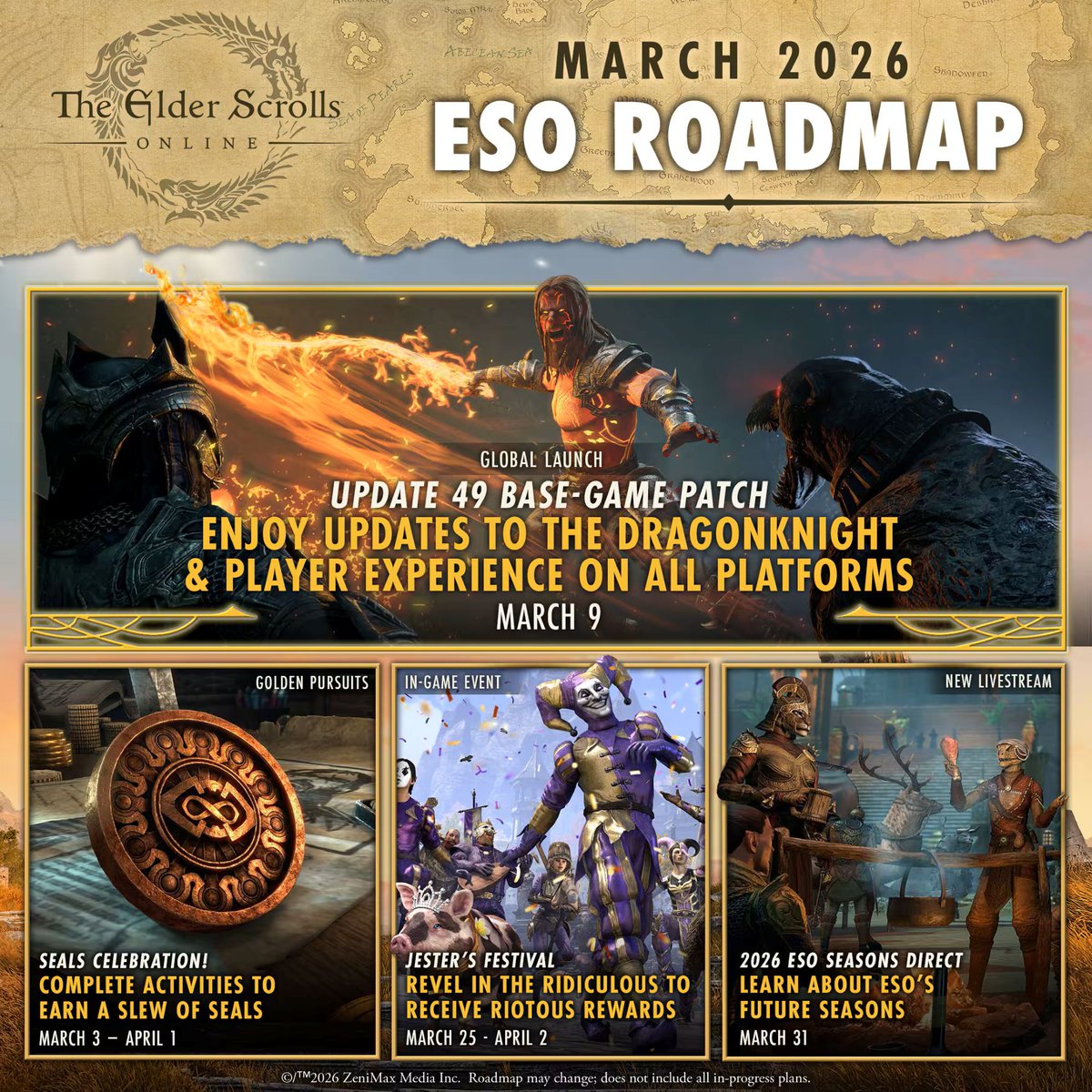 TESOnline's tweet photo. MARCH 2026
⬇️ Update 49
🃏 Jester's Festival
📺 2026 Seasons Direct

And even more is on the way in March. What are you most excited for? https://t.co/gOkVOPLqG5