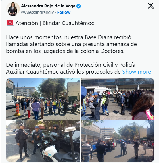 elalbertomedina's tweet photo. 🚨 ¡Otra presunta amenaza de bomba en edificio del Poder Judicial en #CDMX!

Ahora fue en las instalaciones de los juzgados de Ciudad Judicial en Niños Héroes la mañana de este jueves en la alcaldía Cuauhtémoc.

La alcaldesa @AlessandraRdlv confirmó que la presunta amenaza fue recibida por la central de emergencias.

Ayer una situación similar se registró en el edificio del Poder Judicial de la Federación en Insurgentes Sur, donde fue descartada la alarma.

📹 @ricardovitela