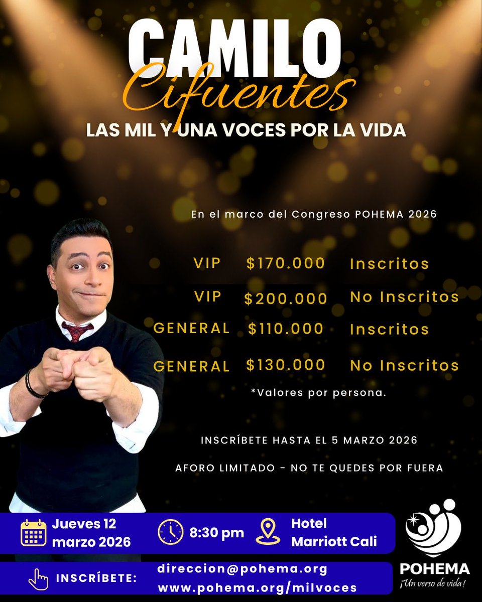 POHEMA's tweet photo. 🎭✨Camilo Cifuentes ofrecerá un show imperdible, inolvidable en Cali  con  un sentido especial: apoyar a los niños que enfrentan el cáncer y las enfermedades de la sangre.

💛 Inscríbete aquí y sé parte de esta causa: https://t.co/joQfGz08r7

#MilVocesPorLaVida #EventoBenéfico https://t.co/eAPxXW0kNE
