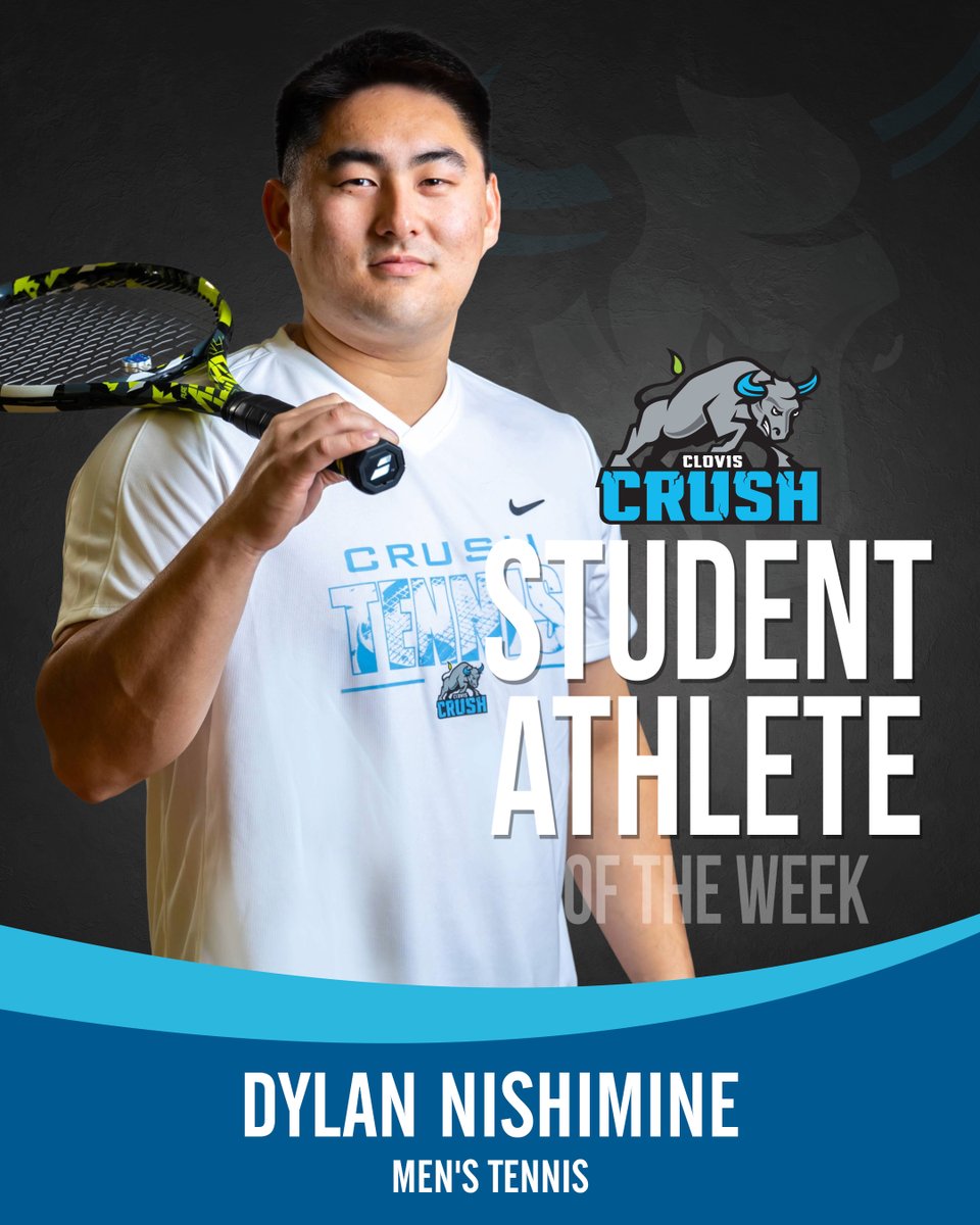 Congrats to this week’s ⁦<a href="/Crush_Athletics/">ClovisCrushAthletics</a>⁩ SAOTW, Dylan Nishimine from men’s tennis! Dylan is 2-0 in conference play, notching wins over Fresno City and COS! #VamosCrush