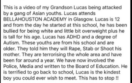 Look at the terror on this young lads face.

Autistic and attacked by a gang as they filmed to humiliate him.

Images that angered a nation.

Yet legacy media opt to attack the grandmother's description of the attack, obviously trying to blame me too for sharing it.

Despicable.