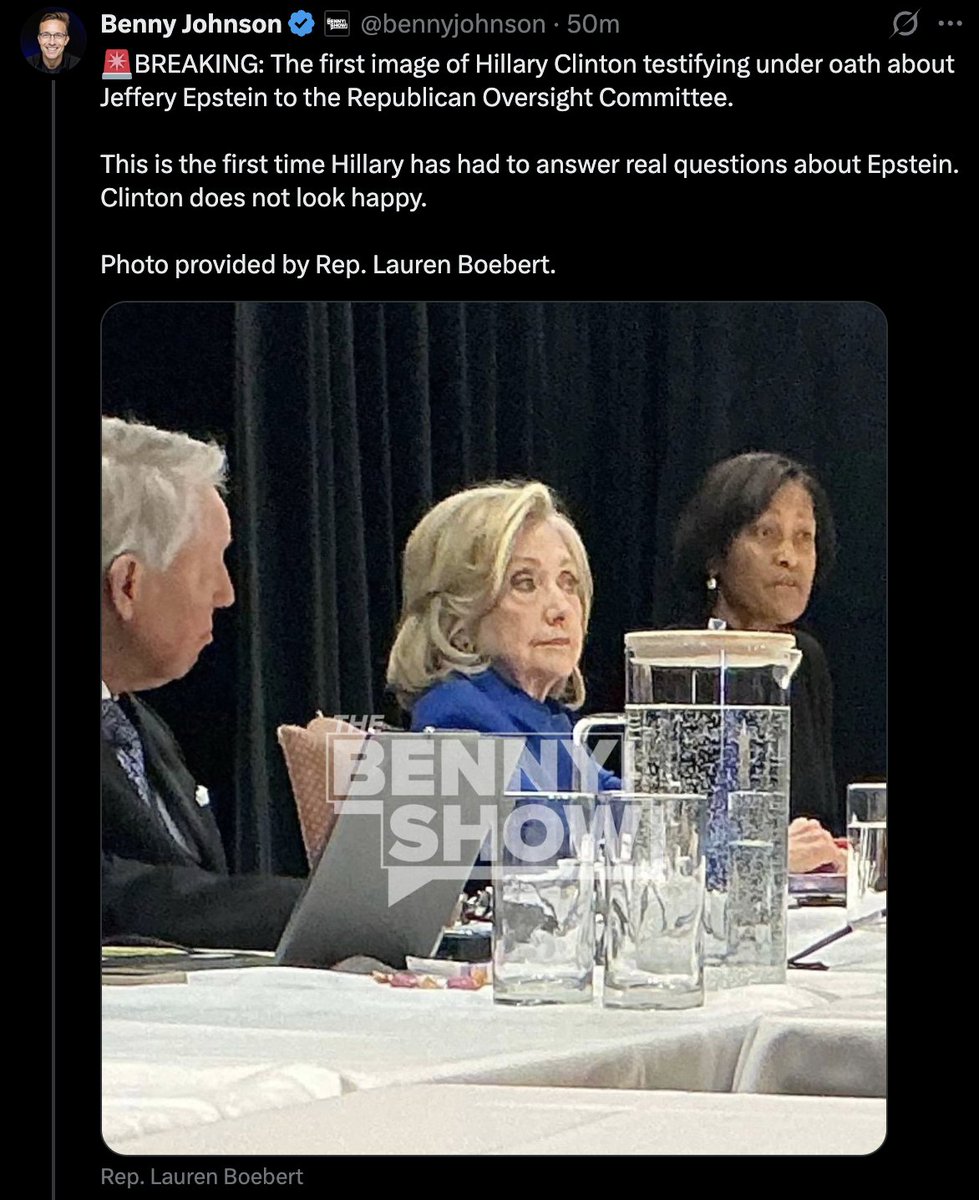 MeidasTouch's tweet image. JUST IN: Advisors to Hillary Clinton say the House Oversight Committee’s closed-door deposition has been paused after it was revealed that Lauren Boebert shared an unauthorized photo from the hearing with Benny Johnson, who then posted it on social media, as seen below.
