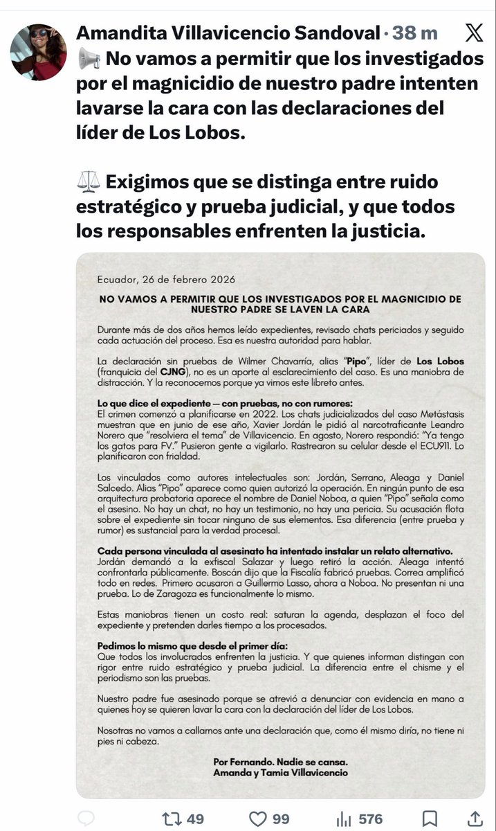 XavierJordanM's tweet photo. .@agentedelcaos33 

Ecuador 🇪🇨

En respuesta a esta MITÓMANA, cuya trayectoria pública se ha basado en la desinformación.

Resulta llamativo que, cuando fue debidamente citada en el estado de Florida, en lugar de comparecer ante la Corte para sostener —bajo juramento— todo lo que afirma en redes sociales, optó por salir corriendo. 

Habla del llamado caso Metástasis, un proceso armado y dirigido por Diana Salazar, hecho que queda evidenciado en las pericias forenses practicadas en 🇺🇸 de los teléfonos de Aleaga y de otras personas involucradas. 

También afirma, de manera falsa, que he retirado la demanda contra Diana Salazar. Basta con ingresar al sistema judicial del estado de Florida para verificar que la demanda sigue vigente y ampliada. No mienta.

A usted no le interesa conocer la verdad sobre la muerte de su padre; lo único que le importa es el CHEQUE que recibe del banquero. Esa es la verdadera motivación detrás de su discurso.

Tápate que se nota !! 

Yo hablo con pruebas !!