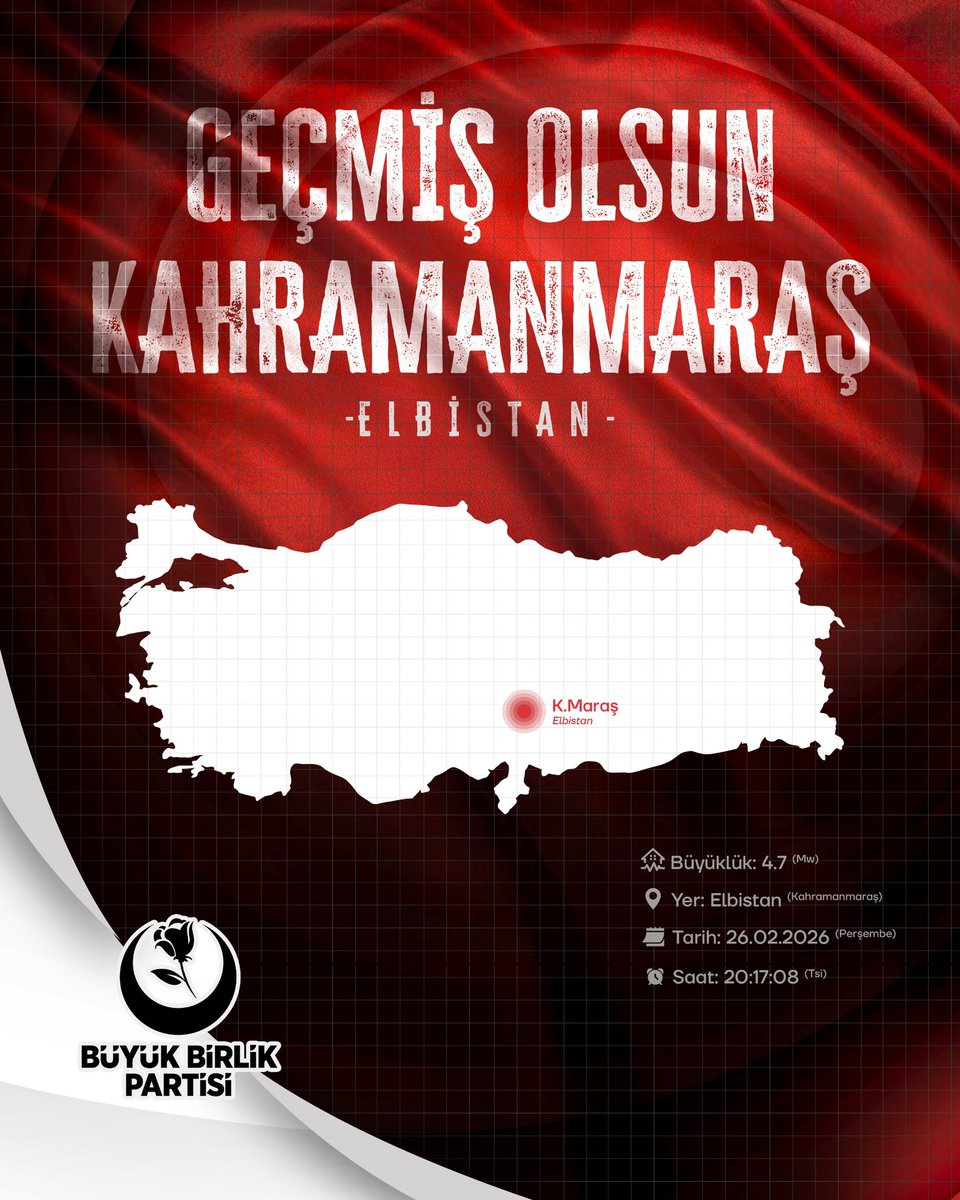 Kahramanmaraş – Elbistan’da akşam saat 20.17 sularında meydana gelen  4.7 büyüklüğündeki depremi hisseden-etkilenen tüm vatandaşlarımıza geçmiş olsun dileklerimi iletiyorum.
Cenab-ı Hak ülkemizi ve milletimizi her türlü şer’den ve doğal afetlerden muhafaza eylesin.