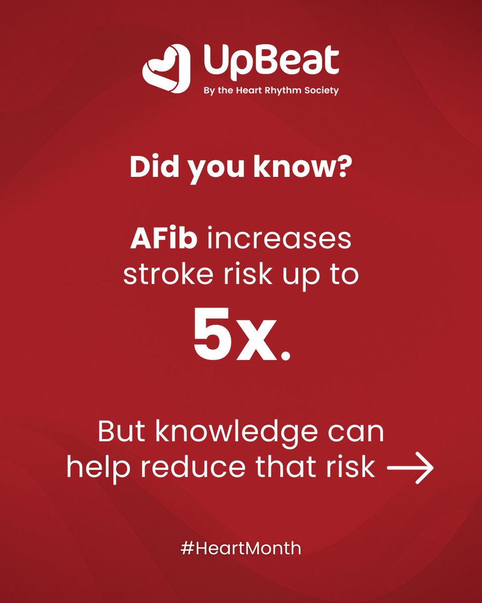 UpBeatbyHRS's tweet image. #DYK #atrialfibrillation increases your risk of #stroke by up to 5x⁉️ 

This #HeartMonth, here’s a reminder to:

✔️ Know the signs and symptoms of #AFib
✔️ Ask your doctor about #stroke risk
✔️ Understand treatment options
✔️ Take your diagnosis seriously — even if it “comes and