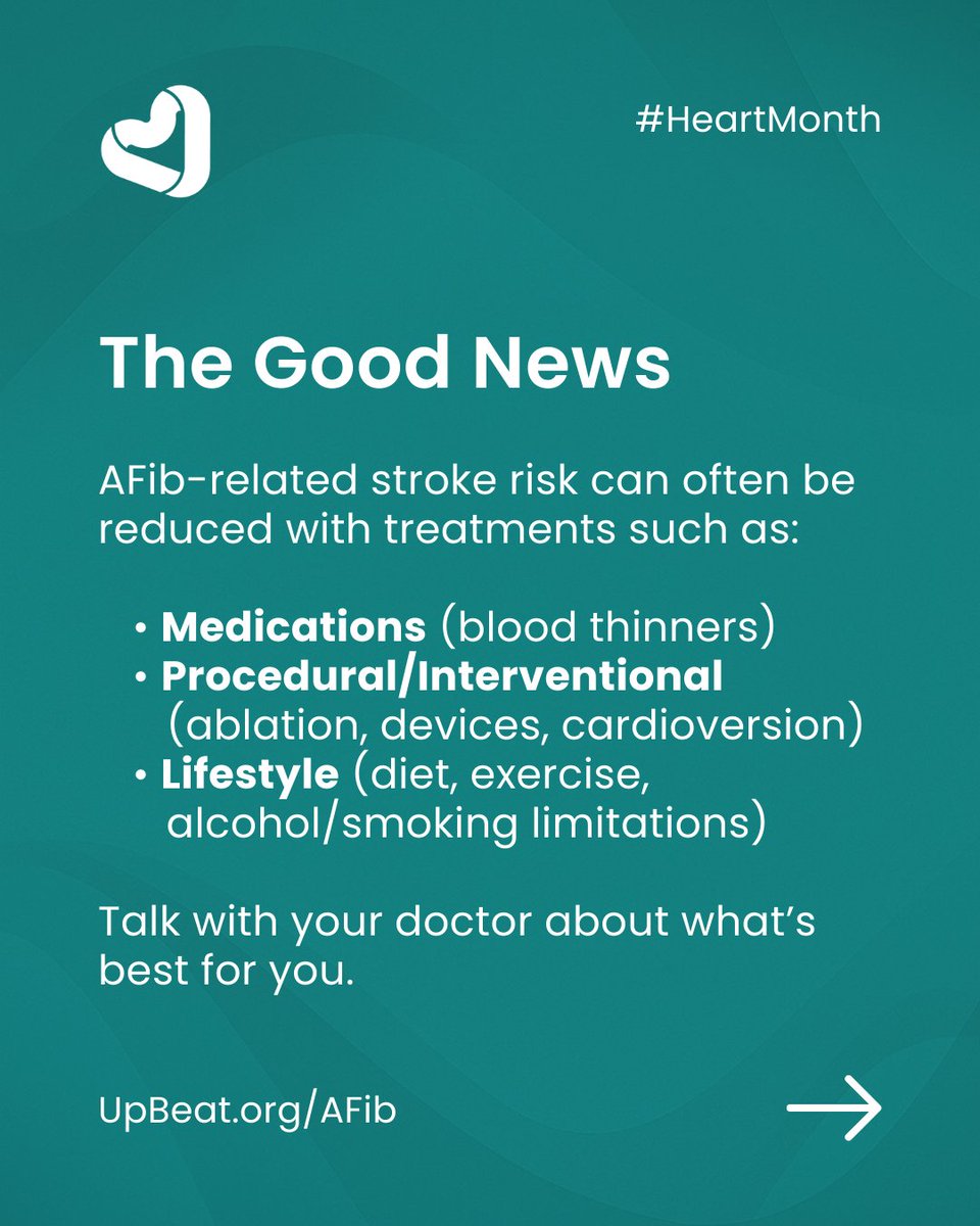 UpBeatbyHRS's tweet image. #DYK #atrialfibrillation increases your risk of #stroke by up to 5x⁉️ 

This #HeartMonth, here’s a reminder to:

✔️ Know the signs and symptoms of #AFib
✔️ Ask your doctor about #stroke risk
✔️ Understand treatment options
✔️ Take your diagnosis seriously — even if it “comes and