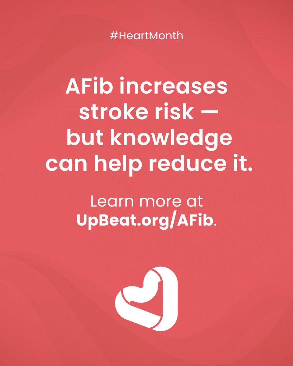 UpBeatbyHRS's tweet image. #DYK #atrialfibrillation increases your risk of #stroke by up to 5x⁉️ 

This #HeartMonth, here’s a reminder to:

✔️ Know the signs and symptoms of #AFib
✔️ Ask your doctor about #stroke risk
✔️ Understand treatment options
✔️ Take your diagnosis seriously — even if it “comes and