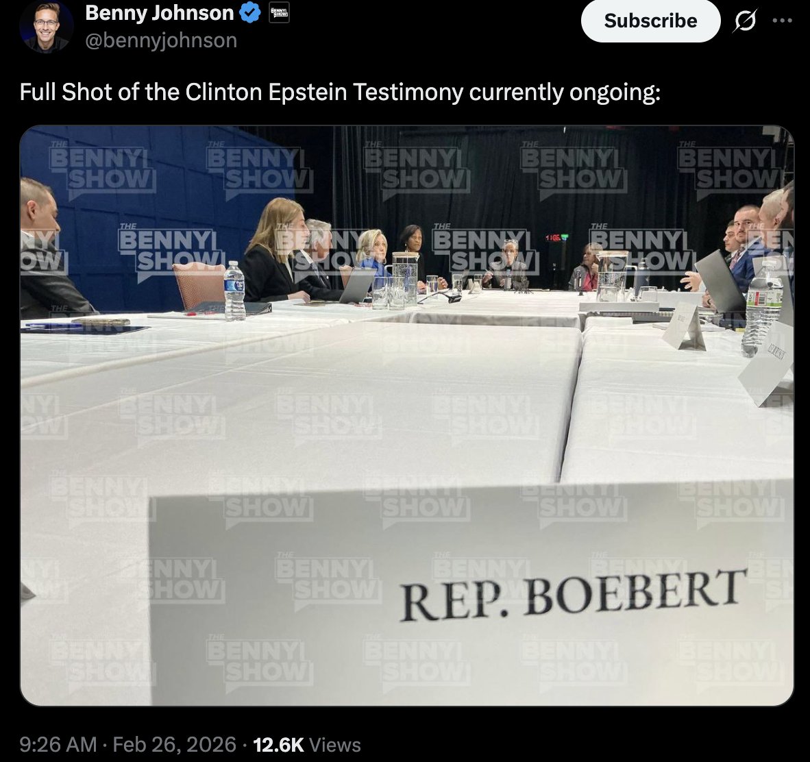 MeidasTouch's tweet image. JUST IN: Advisors to Hillary Clinton say the House Oversight Committee’s closed-door deposition has been paused after it was revealed that Lauren Boebert shared an unauthorized photo from the hearing with Benny Johnson, who then posted it on social media, as seen below.