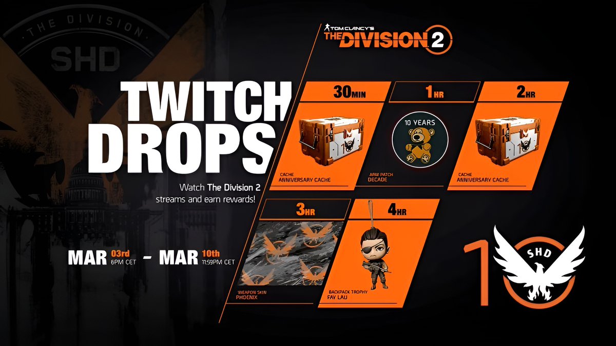 Tune in to <a href="/TheDivisionGame/">Tom Clancy's The Division</a> Twitch on March 3 where the dev team will talk about The Division 2’s upcoming Anniversary Season! Tuning in gives you the opportunity to earn some must-have Twitch drops, which you can continue to earn until March 10th 👇 #TheDivision2