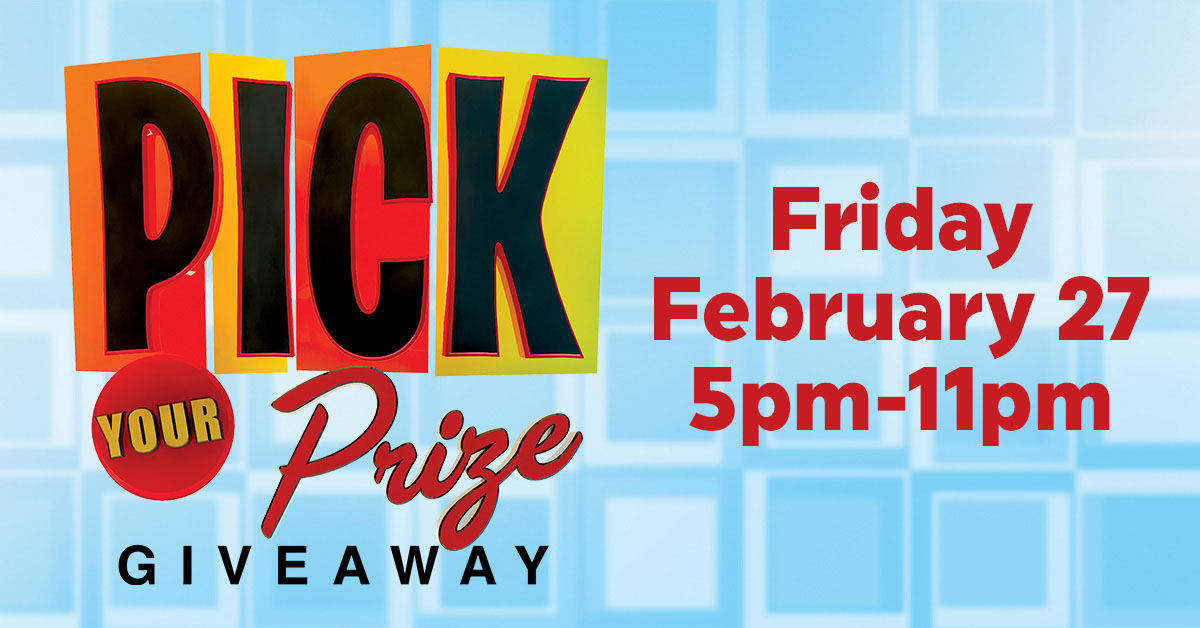 🎁 Pick Your Prize Giveaway tomorrow from 5pm-11pm! 🎁 Pick up your two free tickets then choose your drum or drums! 🥁 Each drum will have a different prize- one of them being $1,000 Slot View Play! 🤑 Don't miss out!