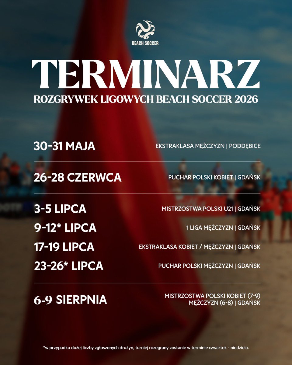 Terminarz na sezon 2026 w Polsce 🇵🇱

W tym roku zgłosić drużynę można do 4⃣ turniejów:
▪️Młodzieżowe Mistrzostwa Polski
▪️Puchar Polski kobiet
▪️Puchar Polski mężczyzn
▪️1 liga mężczyzn

Regulamin oraz Lista zgłoszeniowa na stronie Łączy nas Piłka ⬇️
laczynaspilka.pl/aktualnosci/pi…