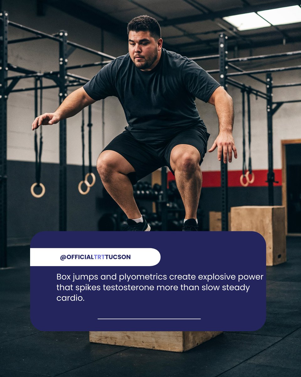 TrtTucson's tweet image. Go explosive. Box jumps and plyometrics create a power spike that boosts testosterone levels more effectively than slow, steady-state cardio. #Plyometrics #ExplosivePower #FitnessMotivation