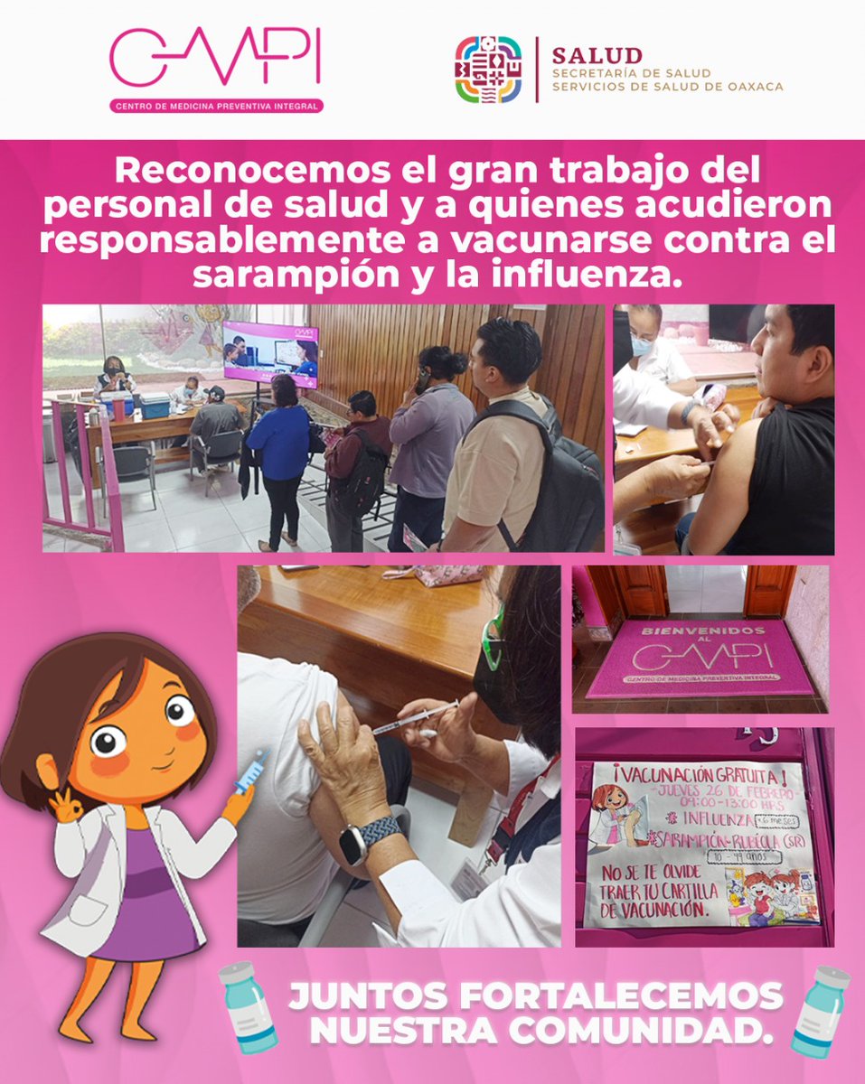 cmpisalud's tweet photo. ¡Gracias por sumarse a la prevención! ¡TODAVÍA LLEGAN ACABAMOS A LA 1 DE LA TARDE!👏

 Reconocemos el gran trabajo y dedicación de todo el personal de @SSO_GobOax, así como a cada una de las personas que acuden responsablemente a vacunarse contra el sarampión y la influenza.
💉 https://t.co/9wFkNyClei