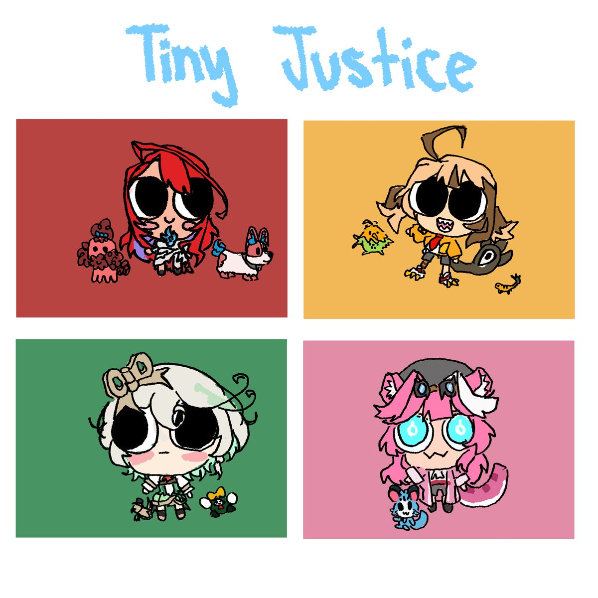 Tiny Justice💄👧🍵🐱❤️🧡💚🩷
#BloodflameArt #rkggk #Immergination #RaorArt 

(re-draw to add rosarian mascot)