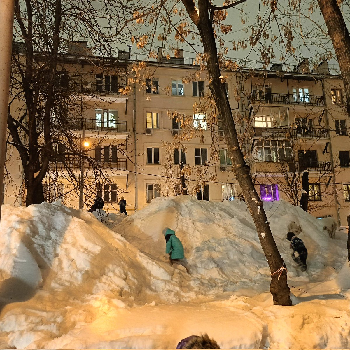 Горы снега в нашем дворе.  Дети счастливы. 
А мне интересно, как это всё веселье будет таять.
