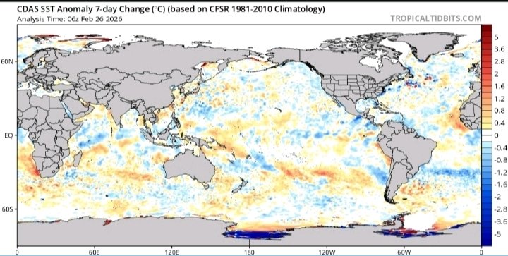 Éste es el cambio operado en los últimos 7 dîas.  Se acuerdan que les hablé del enfriamiento en el Golfo de Panama,  y que ello iba a cortar la fuente principal de combustible,  que a su vez alimentaba al resto de anomalías situadas entre Ecuador y norte de Perû.