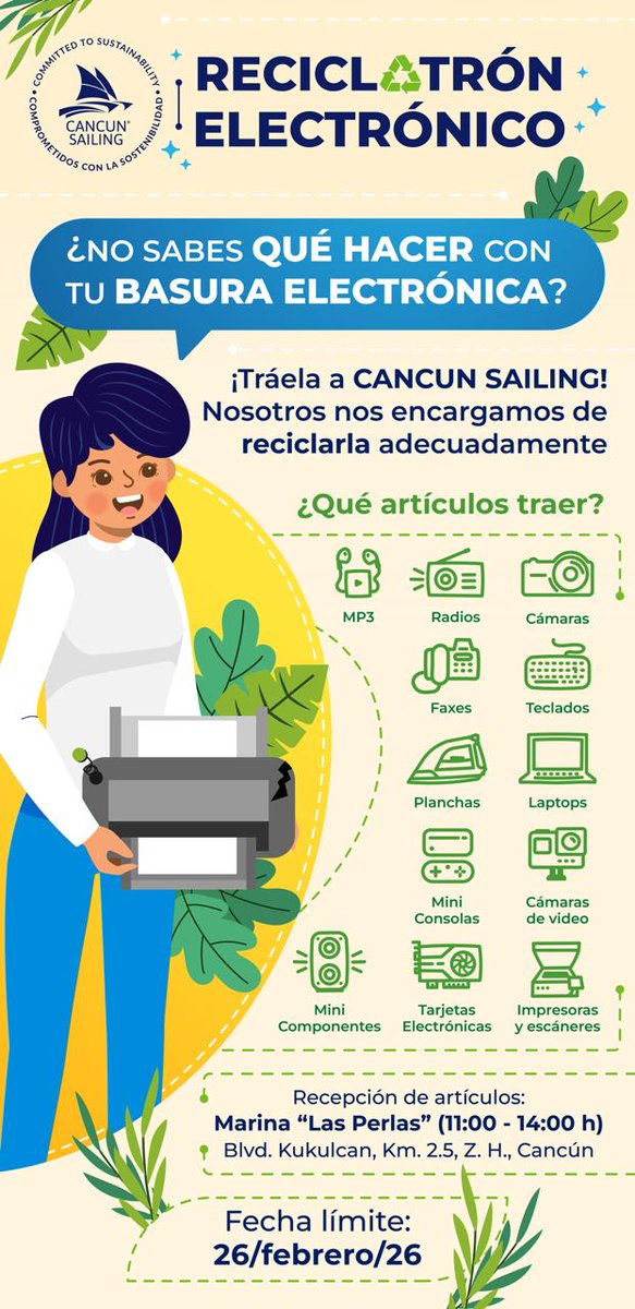 ♻️ ¡La campaña RECICLATRÓN electrónico ya está activa!

Hasta hoy, 26 de febrero, lleva tus desechos electrónicos a Marina Las Perlas y contribuye al cuidado del planeta 🌎
Dales una segunda vida y suma tu acción responsable 💚
#reciclatron #reciclaje #medioambiente #cancun