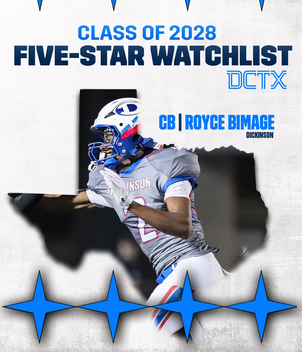 GPowersScout's tweet image. 💎2028 Five-Star Watchlist 💎 

CB Royce Bimage | @DickinsonFB
6'1, 170 | #TXHSFB 

New @dctf ⭐️⭐️⭐️⭐️ - @RoyceBimage is officially in the race to be one of the state's Top 5 highest-rated prospects! 

texasfootball.com/article/2026/0…