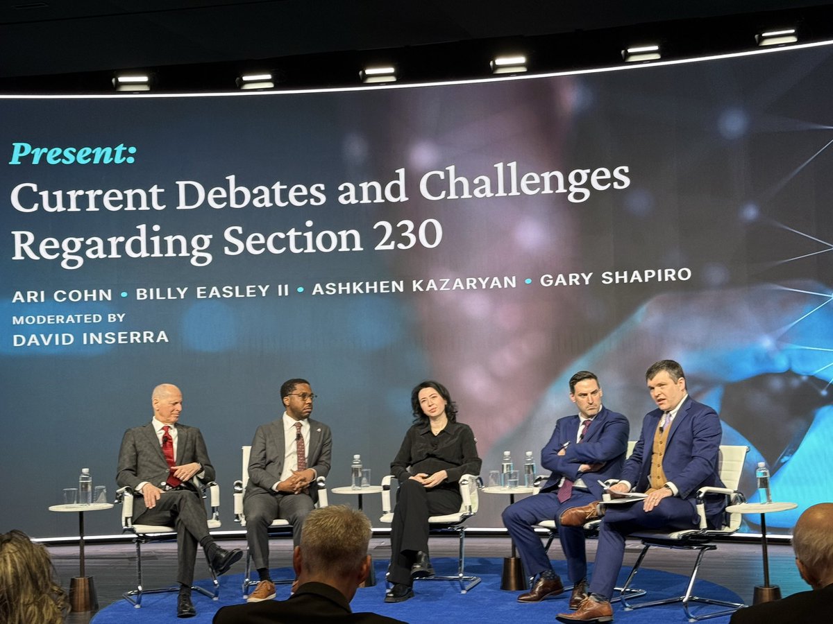 ShaneTews's tweet photo. @CatoInstitute #Sec230 afternoon sessions kick off with @AriCohn @Ashkhen @billyez2 @GaryShapiro discuss platforms use &amp; challenges of the responsibility around managing users content @jrhuddles thanks for discussing #Sec230 and #FreeSpeech protections https://t.co/TqCRhJCgxG