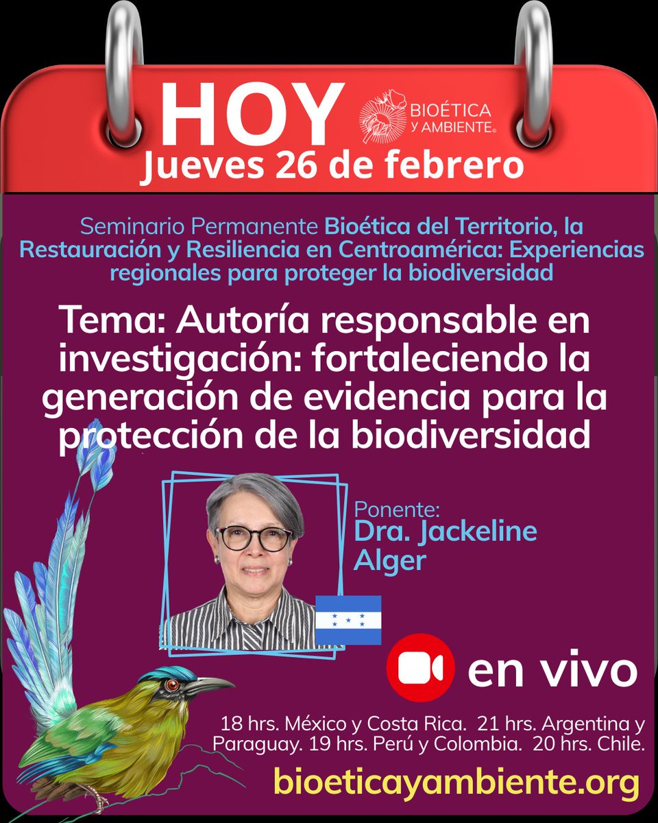 bioeticambiente's tweet image. #HOY Jueves 26 de febrero
Participa y hazlo posible.
#Seminario #Permanente 💚🦋🌱

Tema: #Autoría responsable en #investigación: fortaleciendo la generación de #evidencia para la protección de la #biodiversidad
Por: Dra. Jackeline Alger

Nos vemos en bioeticayambiente.org