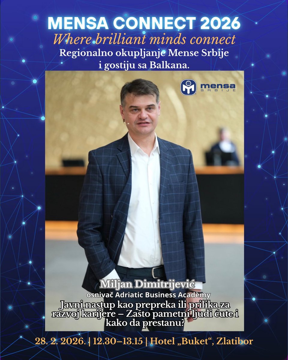 Predavanje Milijana Dimitrijevića o tome zašto pametni ljudi ćute i kako da javni nastup postane alat za razvoj karijere. 🚀
Vidimo se na Zlatiboru!🙌