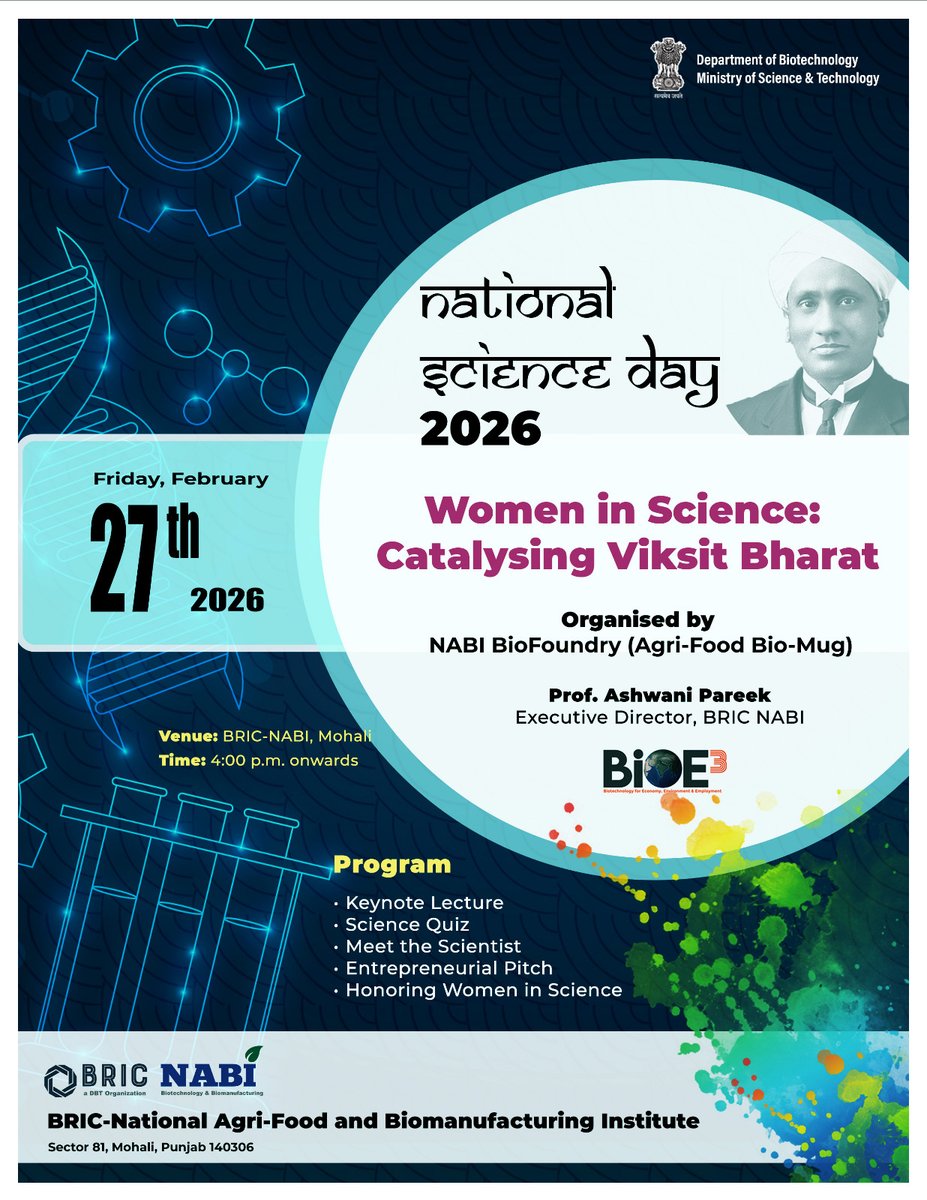 NABI_India's tweet photo. Join us at @NABI_India  for National Science Day 2026 celebrations as we honor the theme: "Women in Science: Catalysing Viksit Bharat."

🗓️ Date: Friday, Feb 27, 2026 🕒 Time: 4:00 PM onwards 📍 Venue: Main Auditorium, BRIC-NABI, Mohali https://t.co/3S4iiTmXfL