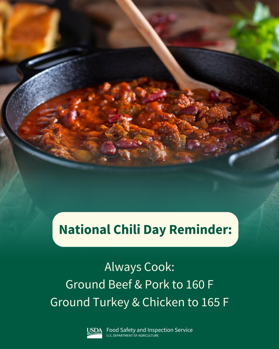 foodsafetygov's tweet photo. Keep National Chili Day safe! 
🌡️Cook to a safe internal temperature
➗Divide leftovers into smaller portions
❄️ Refrigerate or freeze within 2 hours of cooking
🔗More safety tips: https://t.co/07YwtPvzp4 https://t.co/CT48flgM1V