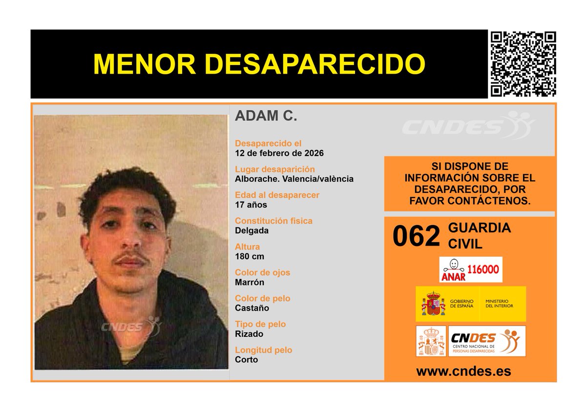 ⚠️🚹MENOR DESAPARECIDO🚹⚠️
Edad 17 años
🧐Última localización #Alborache #Valencia
Ayúdanos➡️comparte📲
Si crees haberlo visto📩cndes-web.ses.mir.es/publico/Desapa…
📞062 <a href="/guardiacivil/">Guardia Civil</a>
☎️116000 ANAR
<a href="/cndes_oficial/">CNDES</a> #menor #desaparecido