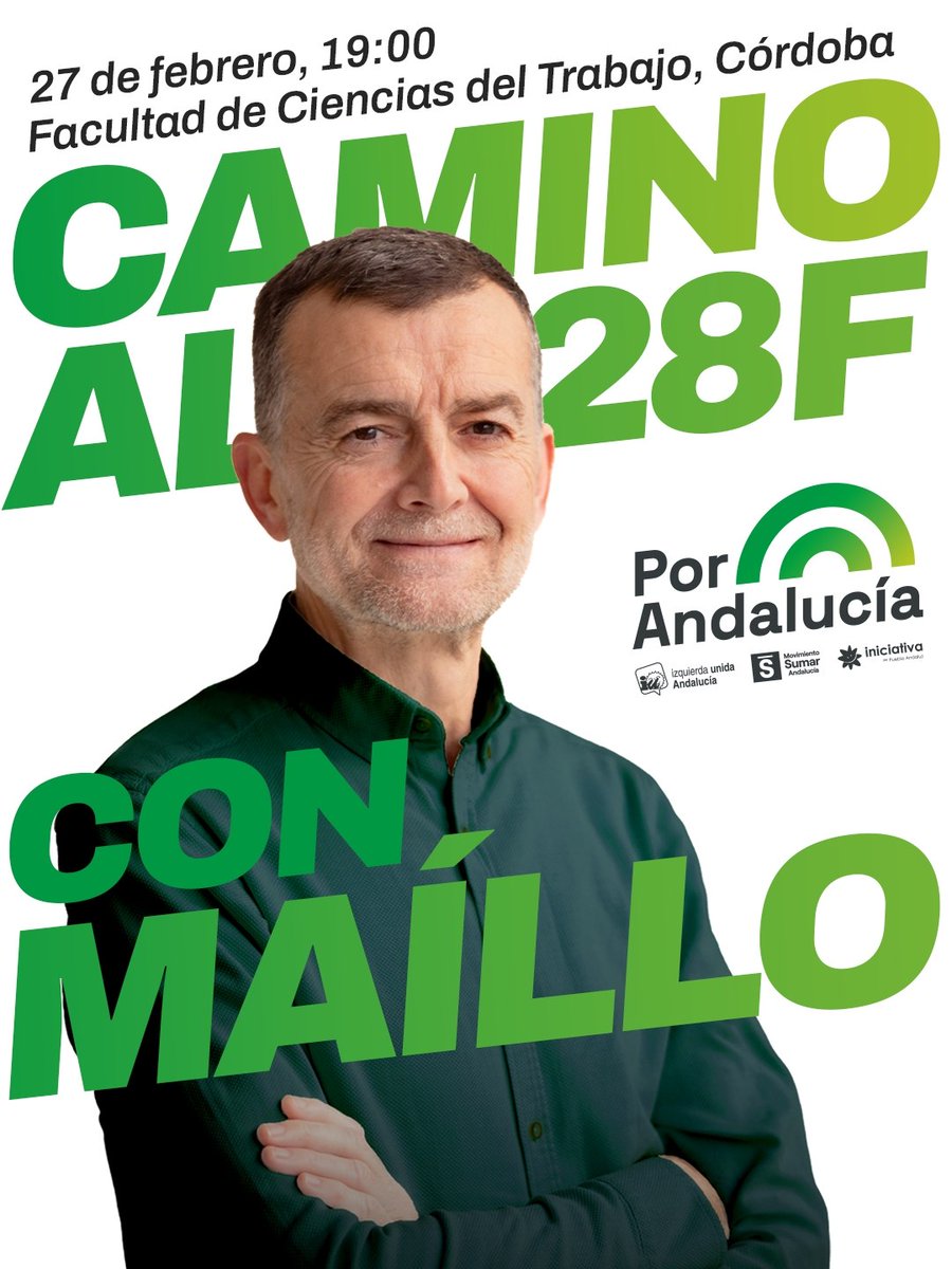 📍 Mañana tenemos una cita en Córdoba con <a href="/PorAndaluciaOrg/">Por Andalucía 🌈</a>.

Camino al 28 de febrero hablamos de los problemas reales de los andaluces y andaluzas: servicios públicos, vivienda y protección de lo rural.  

💚 ¡Os espero a todos!