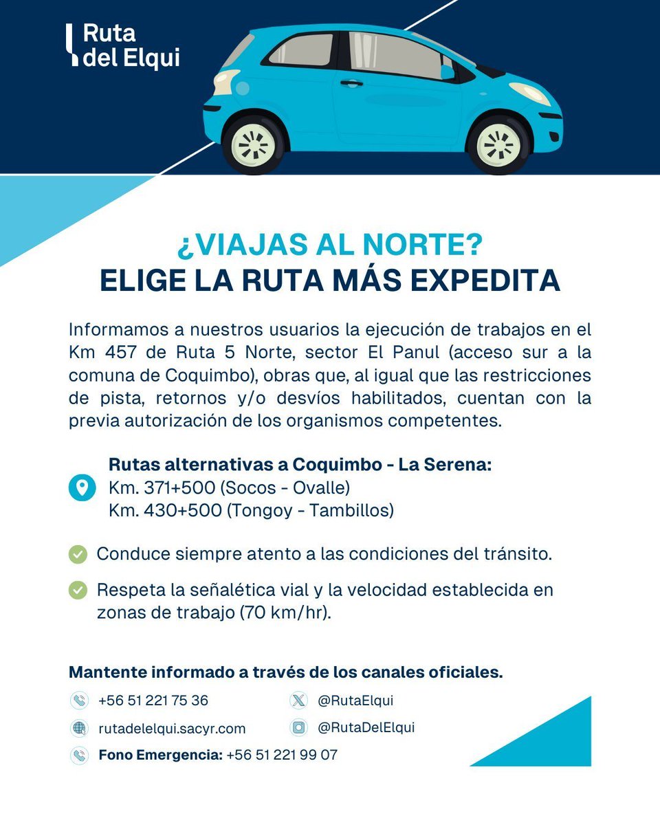 RutaElqui's tweet photo. #RutaDelElqui ⚠️ Se ejecutan obras en Km. 457.000 de #Ruta5 (sector #ElPanul). Utiliza vías alternativas para llegar a #Coquimbo o #LaSerena. Conduce con cuidado! @CarabCoquimbo https://t.co/DVTMfXU9xp