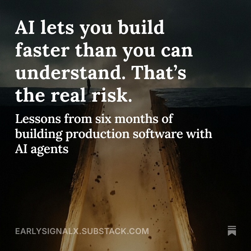 Everyone's celebrating how fast AI lets you ship. 

Nobody's talking about what happens when you can't explain what you shipped. 

I spent 6 months building a production system using AI Agents. 

The hardest part wasn't shipping code. It was understanding what I've built. 

I