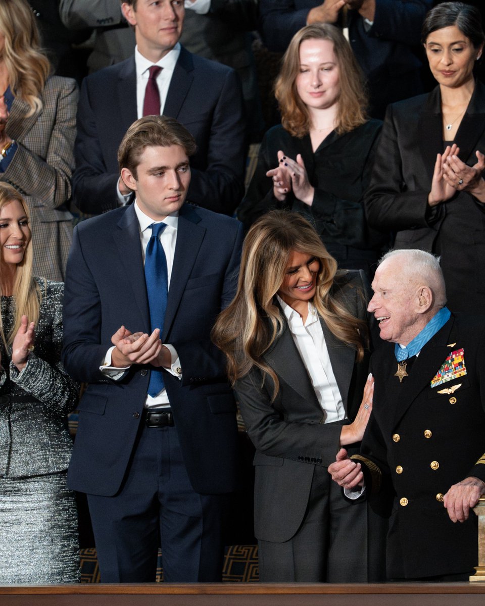 FirstLadyOffice's tweet image. First Lady Melania Trump presents the Congressional Medal of Honor to World War II Navy pilot Capt. Royce Williams at the 2026 State of the Union | February 24, 2026