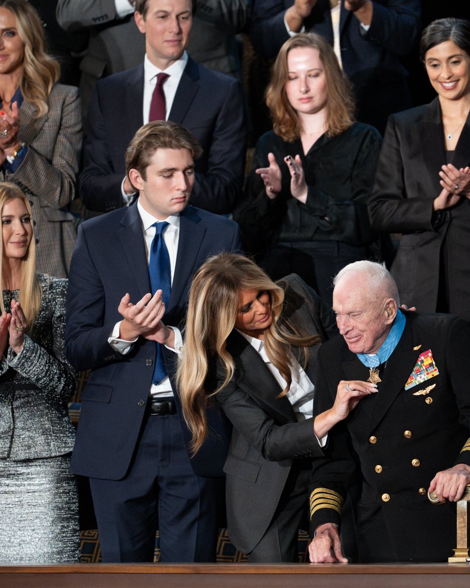 FirstLadyOffice's tweet image. First Lady Melania Trump presents the Congressional Medal of Honor to World War II Navy pilot Capt. Royce Williams at the 2026 State of the Union | February 24, 2026