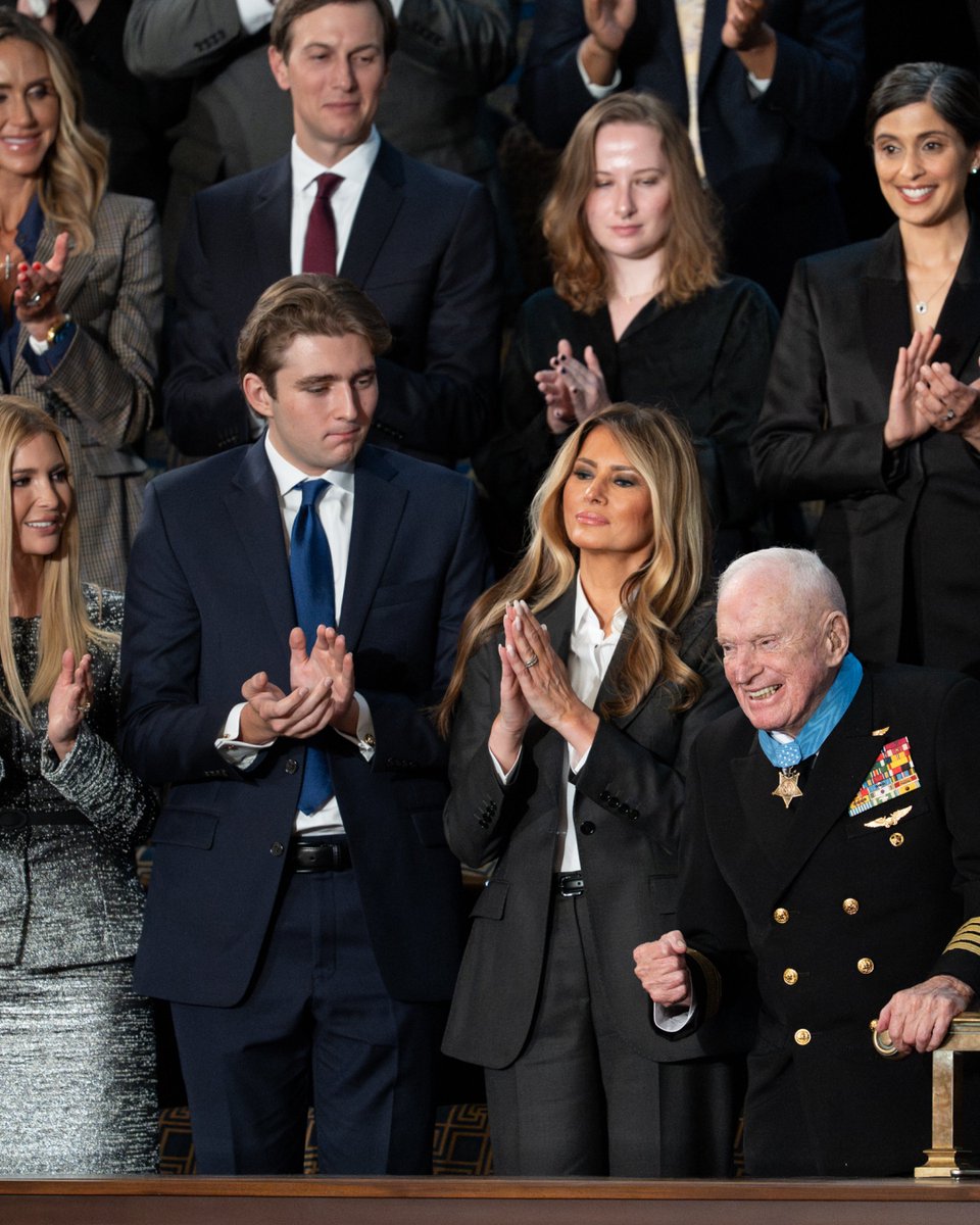 FirstLadyOffice's tweet image. First Lady Melania Trump presents the Congressional Medal of Honor to World War II Navy pilot Capt. Royce Williams at the 2026 State of the Union | February 24, 2026