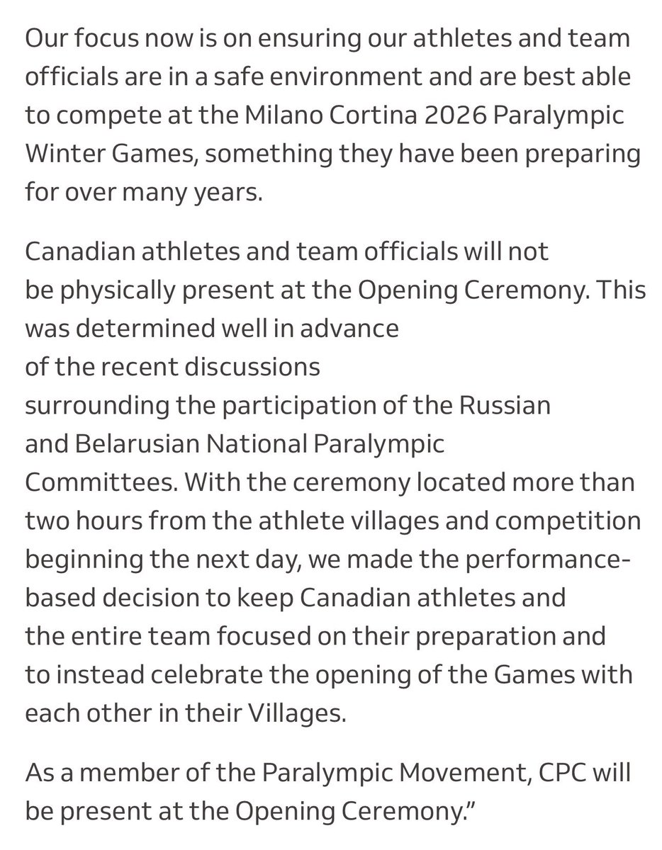 “The Canadian Paralympic Committee argued and voted against the reinstatement of the Russian and Belarusian National Paralympic Committees…”

Here is the full statement I just received from the Canadian Paralympic Committee regarding Russia and Belarus at the Paralympics