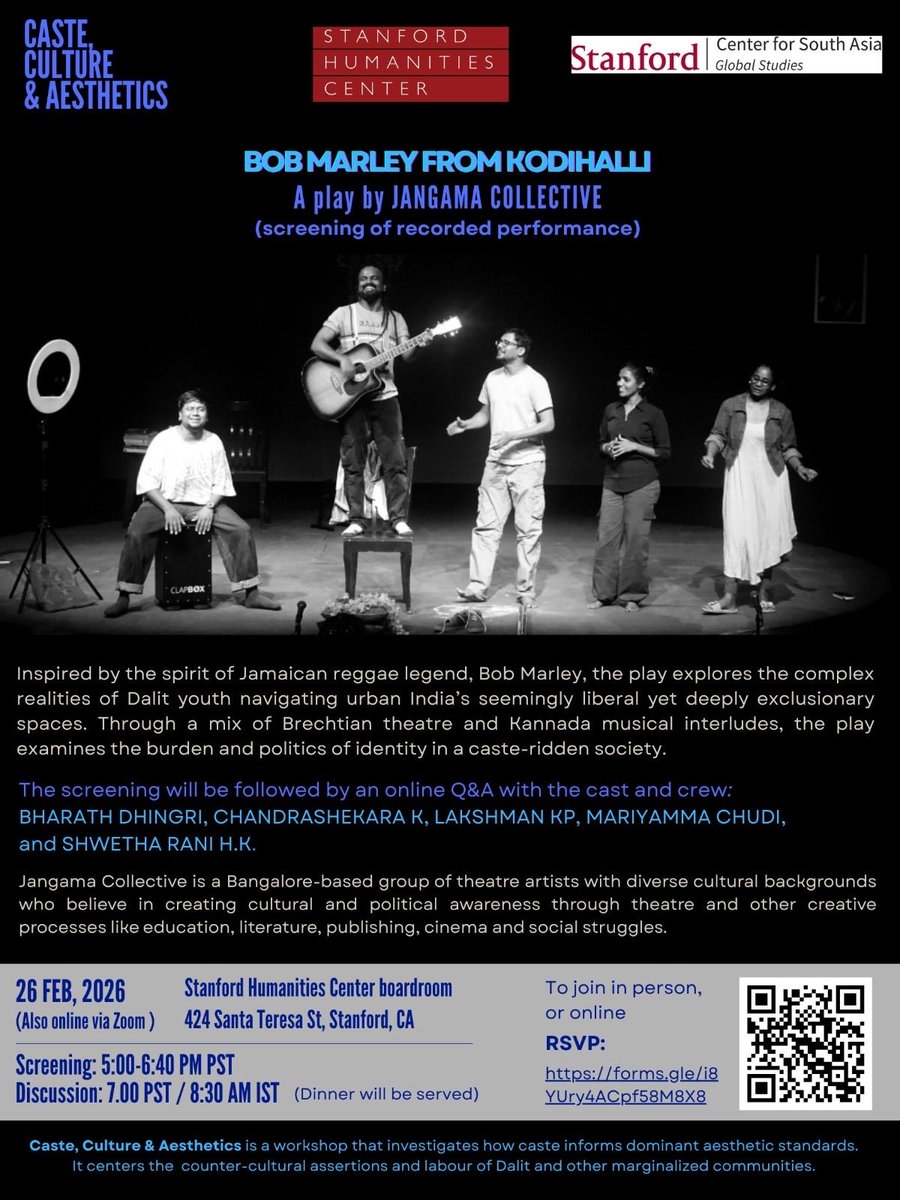 As part of Caste, Culture, &amp; Aesthetics-I am pleased to invite u 2 a screening &amp; discussion of - Bob Marley from Kodihalli by JANGAMA COLLECTIVE, 26 Feb, 6-8 PM PST, Humanities Center Board Room, Also Online via Zoom, Pswrd: 777636, Meeting ID: 920 6975 4458